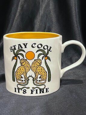Anthropologie Real Fun Wow Stay Cool It's Fine Leopard Coffee Mug Yellow Inside